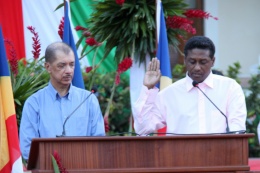 Vice-President Danny Faure swears the oath of office, Inauguration Ceremony 2011, State House