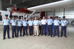 President James Michel, the Commander-in-Chief of the Seychelles People's Defence Forces in a souvenir photo with the Military Officers at the Seychelles Air Force (SAF). The visit form part of a series of visits the President undertook in all military