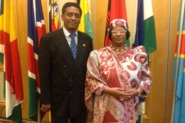 Vice President Danny Faure with Dr. Joyce Banda- President of the Republic of Malawi and Chair of the SADC Summit,  at the 33rd SADC Summit Kampala, Uganda