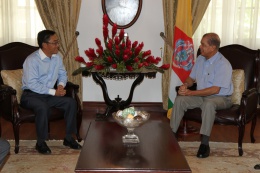 The Chinese Ambassador to Seychelles, H.E. Mr. Shi Zhongjun, paying a farewell call on President James Michel at State House following a three year tenure in Seychelles.