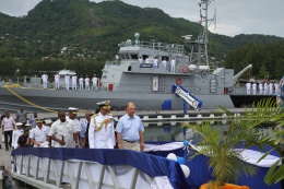 President Michel at the official handover ceremony of the Indian fast attack craft INS Tarasa at the Seychelles Coast Guard base