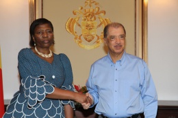 The second High Commissioner of the Kingdom of Lesotho to the Republic of Seychelles, Mrs. Evelyn Mpho Malejaka Letooane presented her credentials to President James Michel at State House.