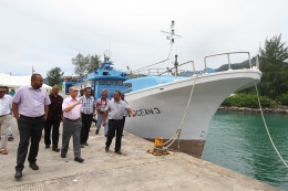 President James Michel visited three fishing vessels, moored in the Port of Victoria, which are part of the first fully Seychellois-owned industrial longliner fleet, costing a total 35 million Seychelles rupees.