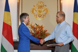 The new Ambassador of the Federal Republic of Germany to the Republic of Seychelles, H.E. Mrs. Jutta Frasch presented her credentials to President James Michel at State House