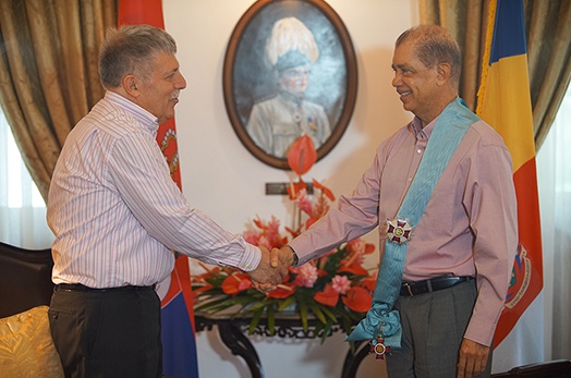 President Michel receives the Order of the Republic of Serbia on a Sash from New Serbian Ambassador accredited to Seychelles